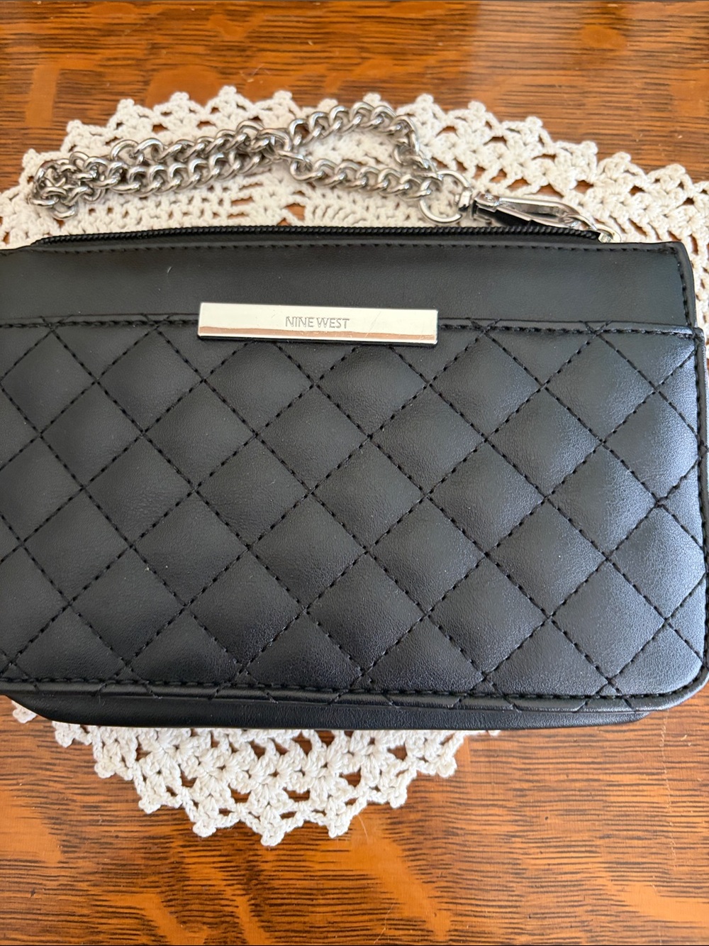 Nine West Black Quilted Crossbody with Silver Chain